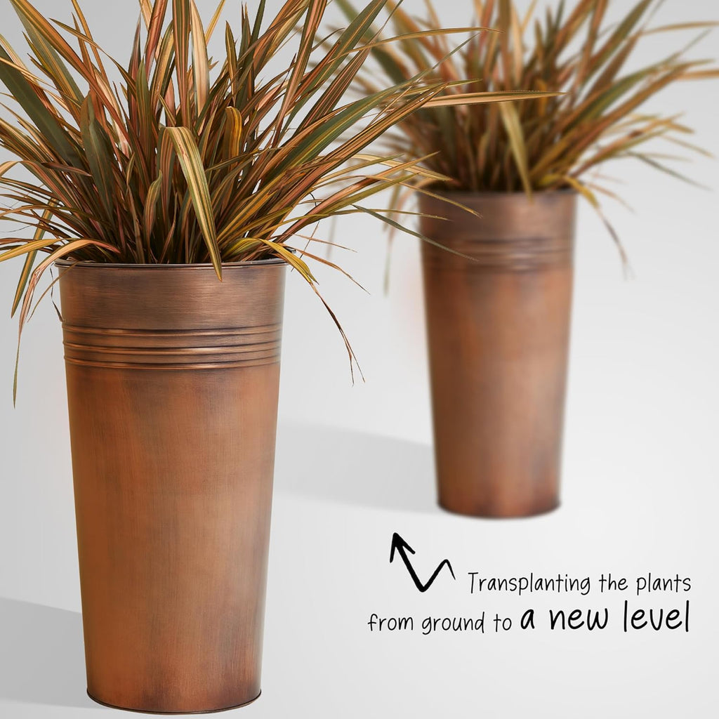 KOL 25'' Tall Galvanized Steel Planter Pot with Water Level Indicator - 2-Pack Self Watering Planters Flower Pot for Plants - Round Powder Metal Planter Box - Indoor Outdoor Grande Plant - Bronze