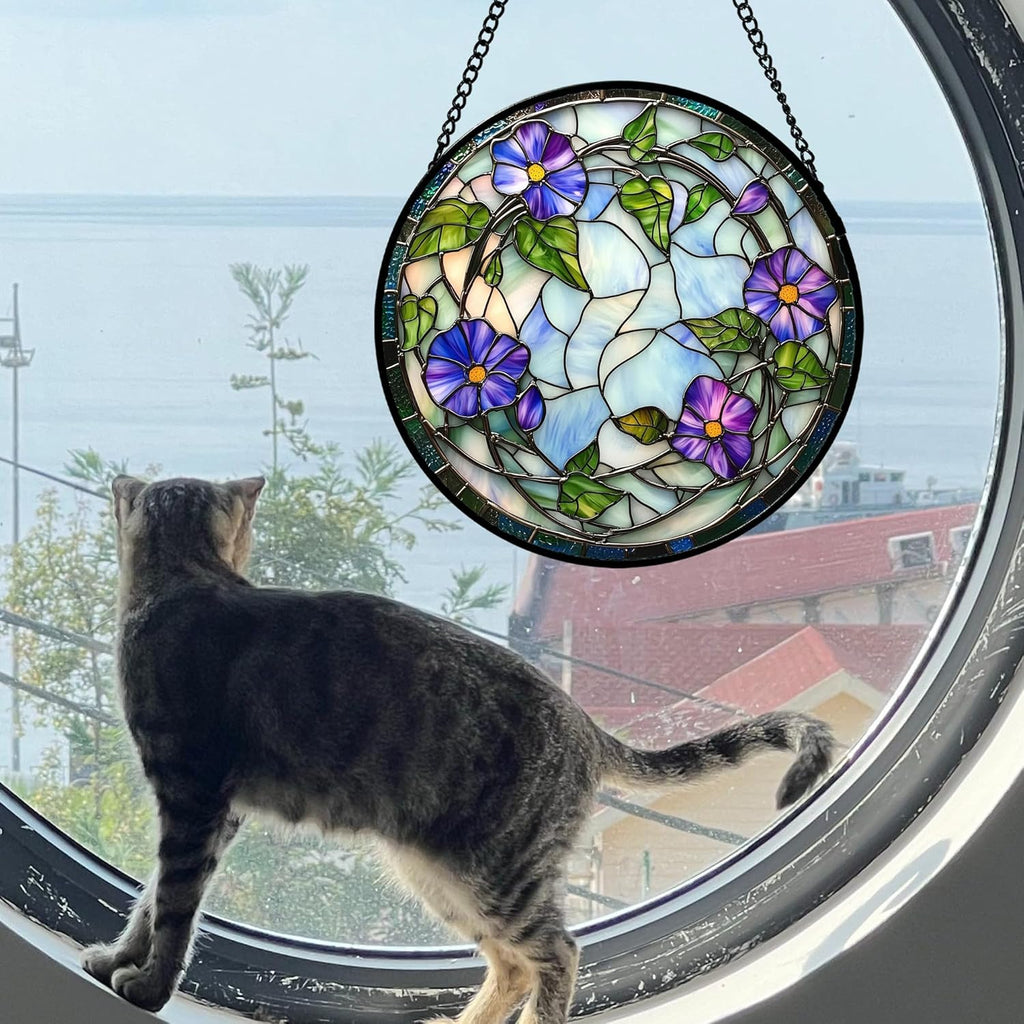 Stained Glass Window Hanging, Purple Morning Glory Flowers Suncatcher for Doors Window Home Plant Sun Catchers Decoration Mother's Day Birthday Gifts for Women, Men, and Mom 7.8x7.8 in