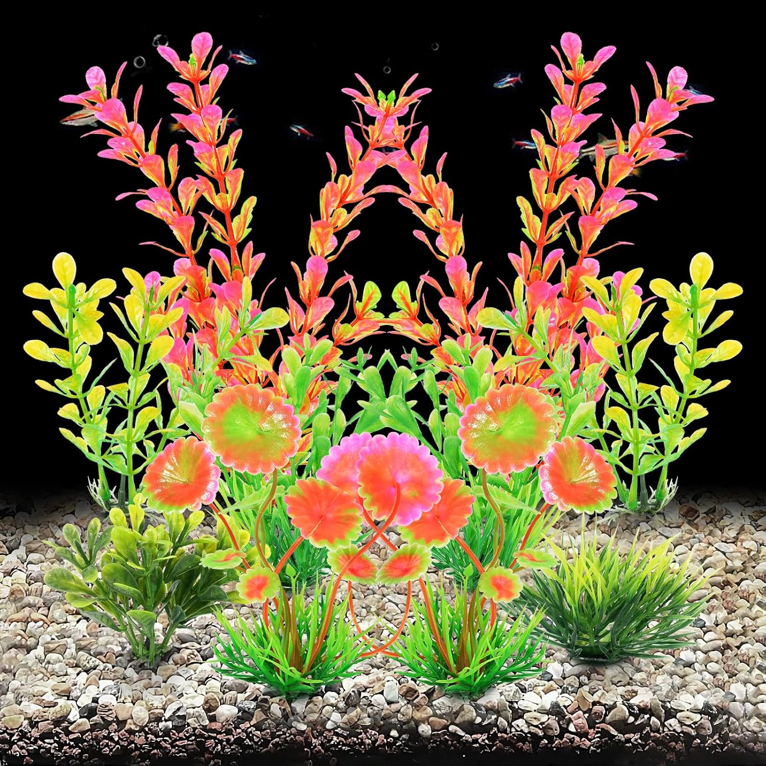 AQUANEAT Artificial Fish Tank Plants, Plastic Aquarium Decorations, Pink Accessories, 10pcs
