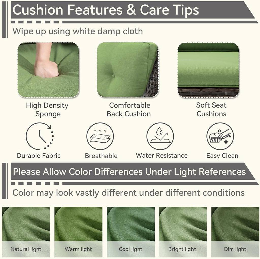 1 PC Outdoor Rocking Chair, Wicker Patio Rocker Chair for Yard, Porch, Mixed Brown Grey Rattan, Green Cushions