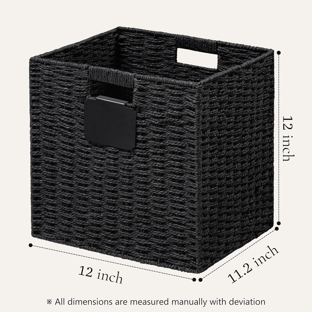 UBBCARE 4 Pack Wicker Basket, 12×12 Storage Cubes with Label, Foldable Cube Storage Bin with Handle, Square Storage Basket for Shelves, Woven Paper Rope Basket for Organizing, Black