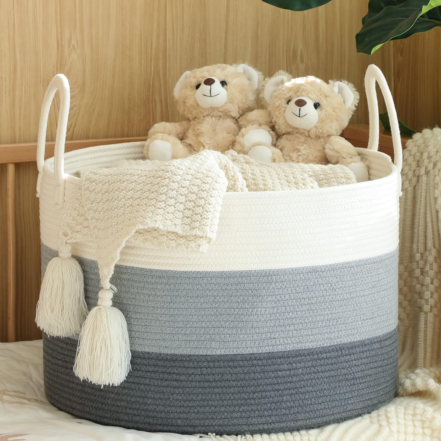 KAKAMAY Large Blanket Basket (20"x13"),Woven Baskets for storage Baby Laundry Hamper,Cotton Rope Blanket Basket for Living Room, Laundry, Nursery, Pillows, Baby Toy chest with Handles (White/Grey)
