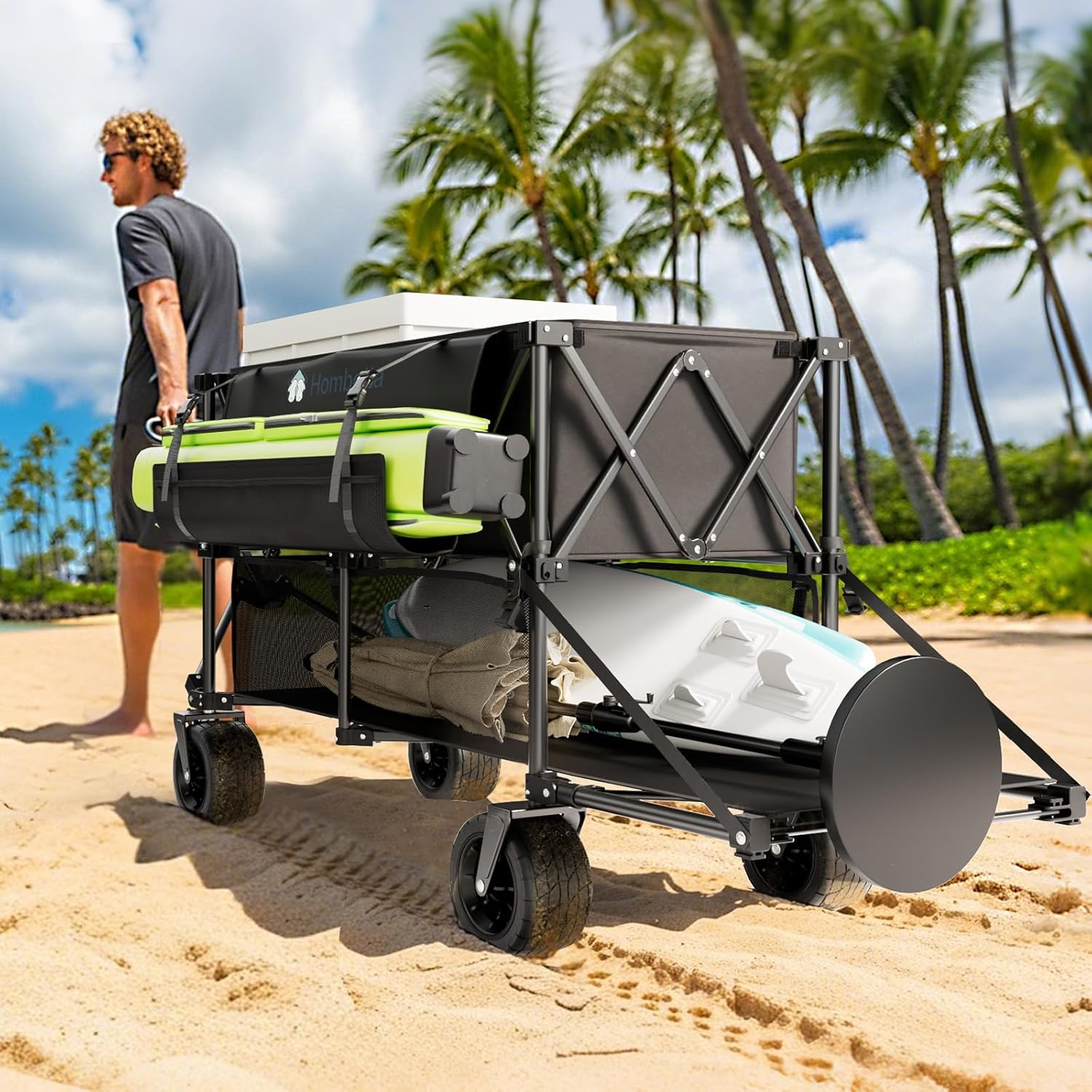 Folding Double Decker Wagon, 560LBS Heavy Duty Utility Cart with Brakes, 400L Wagon Cart with Wheels Foldable, All-Terrain Big Wheels for Camping, Beach, Picnic, Outdoor Use, Black