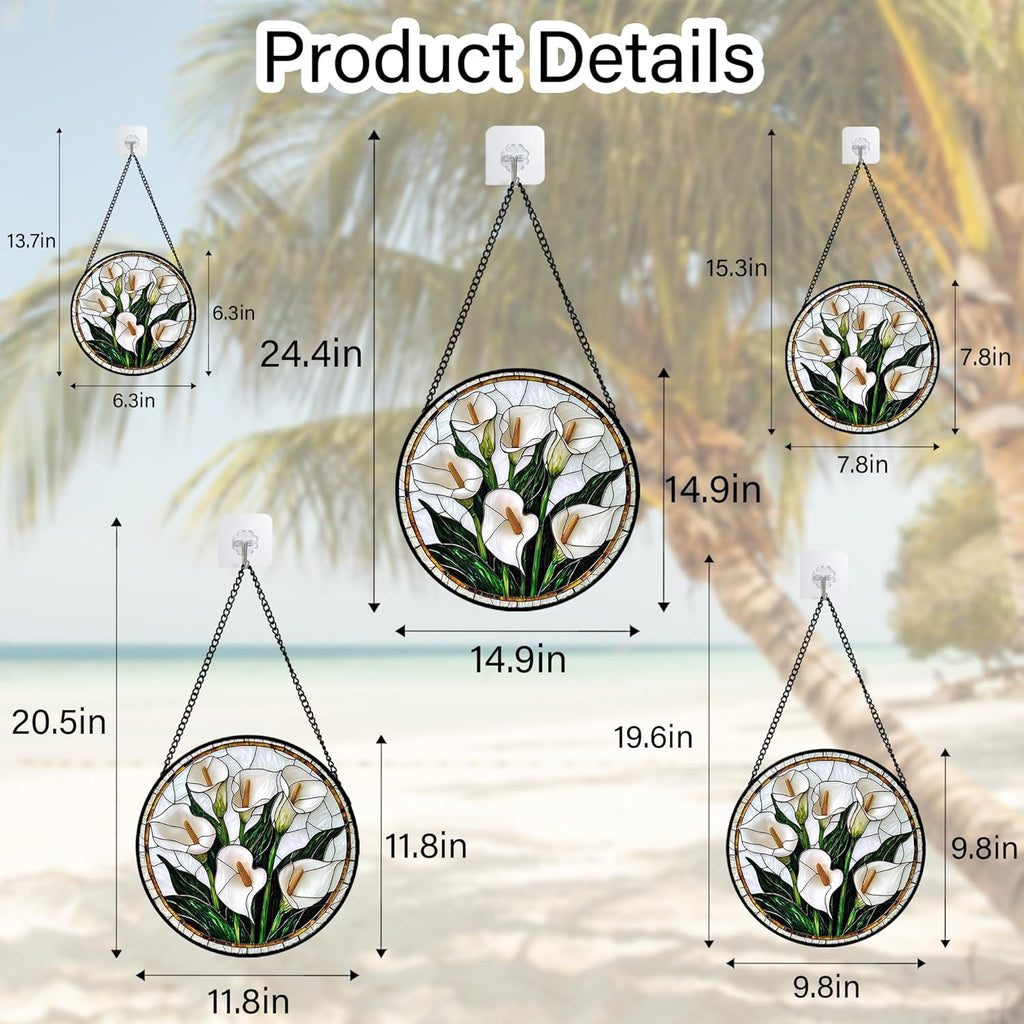 Stained Glass Window Hanging, White Calla Lily Flowers Sun Catchers Glass Panel Plant Suncatcher Decor for Birthday for Women, Men, Wife, Aunt, and Mom 14.9x14.9 in