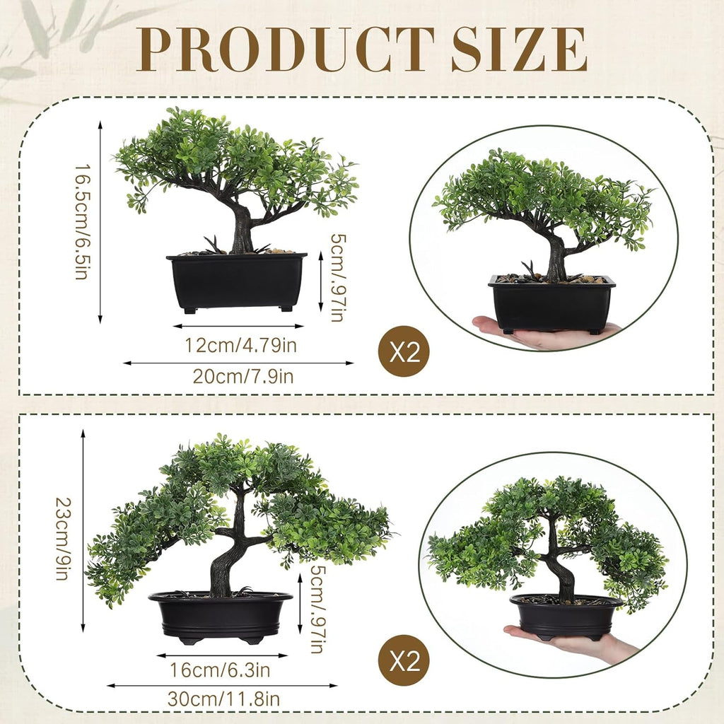 Jexine 4 Pack Artificial Bonsai Tree, Indoor Small Fake Plants in Pots for Home Table Office Desk Bathroom Shelf Bookshelf Bedroom Living Room Farmhouse Decorations