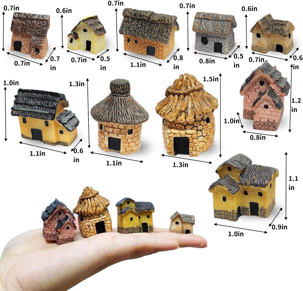 10PCS Mini House Miniature Resin House Figurines Small Village Cottage Fairy Garden Accessories Outdoor Micro Landscape Decor Mini Garden Lawn Terrariums Plant Pots Ornament
