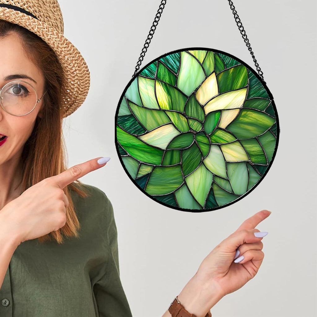 Stained Glass Window Hanging - Green Plants Suncatcher for Doors Garden Patio Flowers Sun Catchers Decor Christmas Mother's Day Birthday Gifts for Women Men Mom Nana Friend 15 in