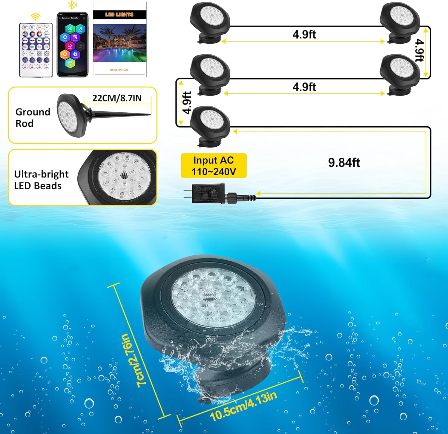 T-SUN Color Changing Underwater Pond Lights, IP68 Waterproof Fountain Lights Dimmable Timer Submersible LED Landscape Spotlights for Outdoor Koi Fish Tank Aquarium Garden(Set of 5)