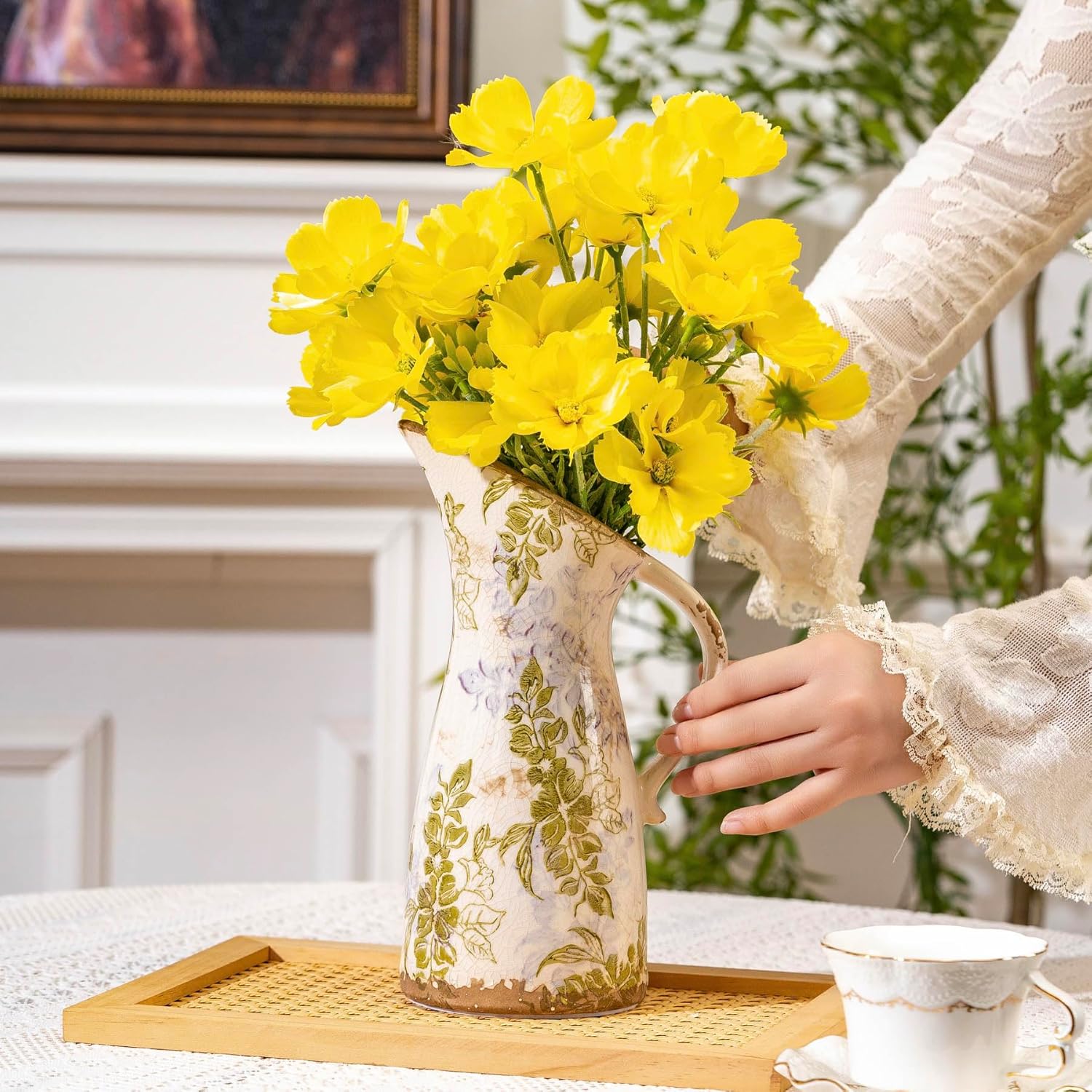 Vintage Ceramic Pitcher Vase with Handle, Farmhouse Green and Purple Large Floral Vases, French Country Decorative Vase, Rustic Table Centerpiece for Home Decor, Bookshelf, Office 10.5 Inch