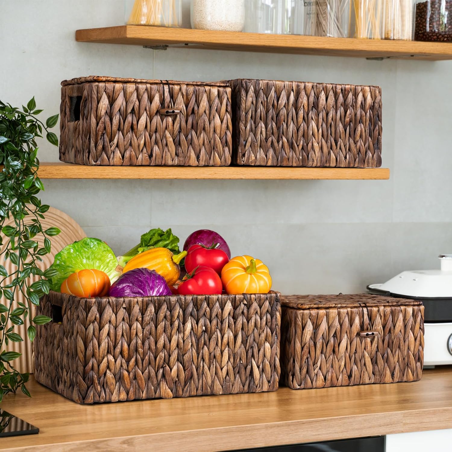 FairyHaus Wicker Basket with Handle 2Pack-15x11x7" & 13.4x9.5x6.5", Brown Water Hyacinth Wicker Baskets for Storage, Natural Hand Woven Baskets for Organizing