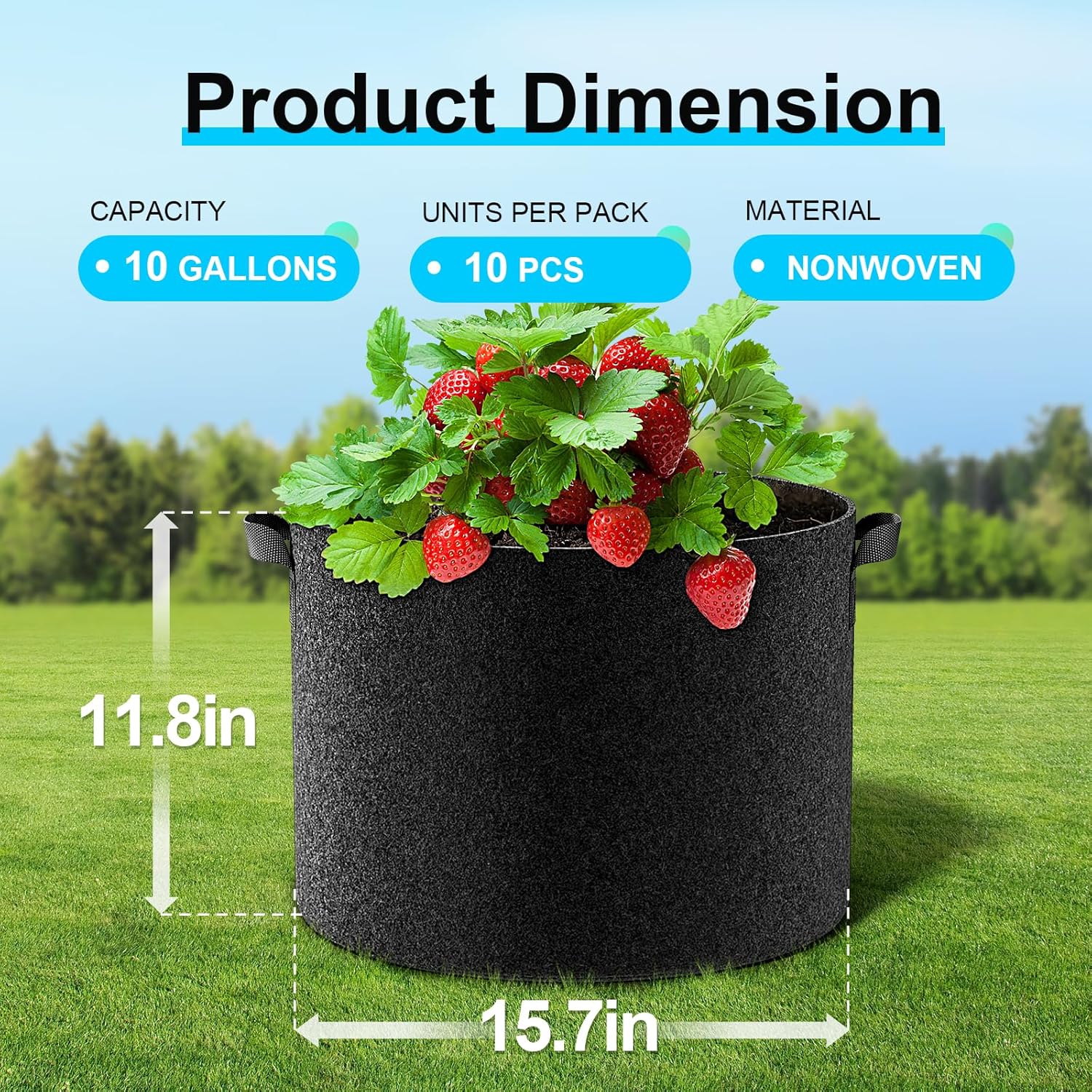 Land Guard 10-Pack Fabric Grow Bags 10 Gallon, Thickened Nonwoven Garden Pots, Growing Bags with Handles, Black