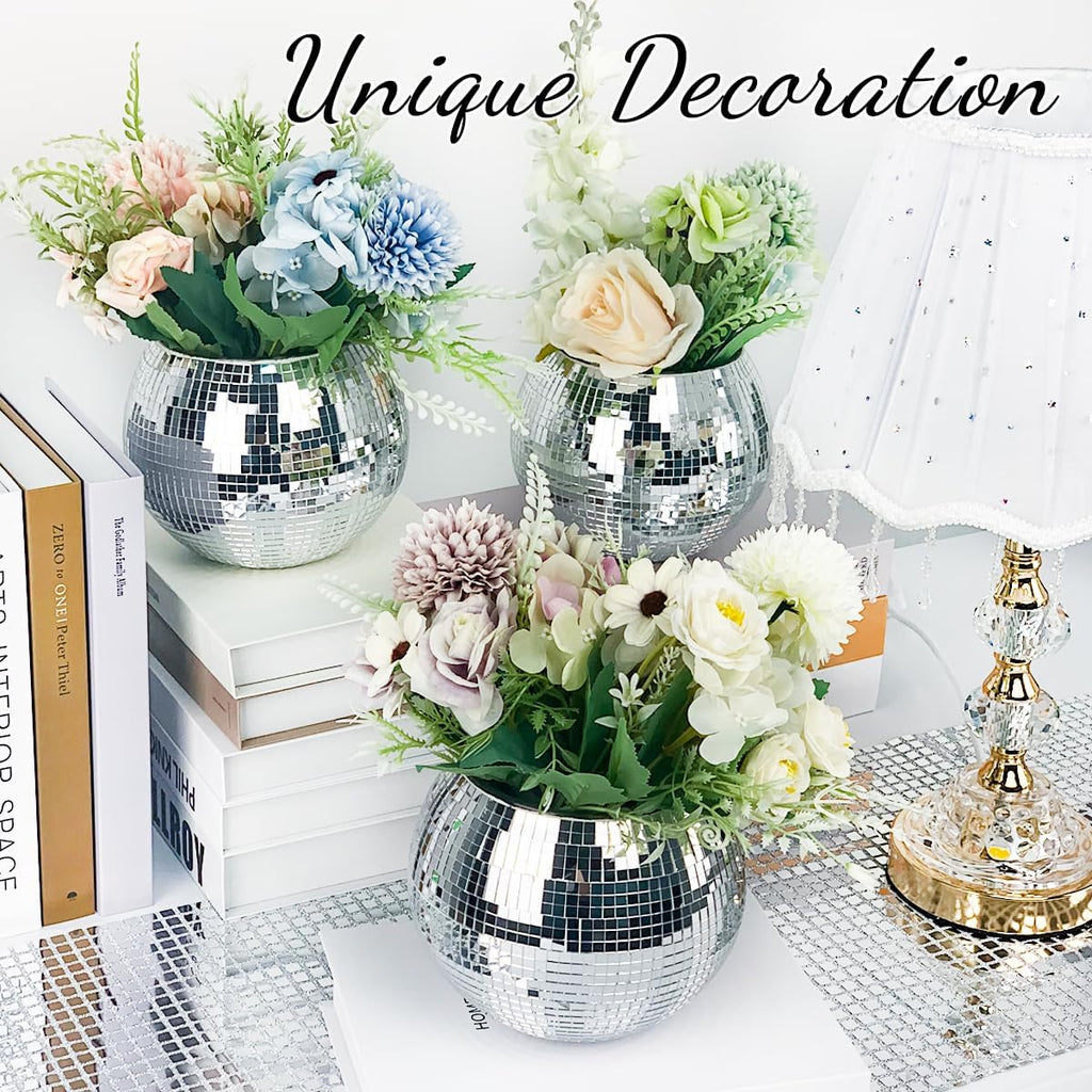 2 Pcs Disco Ball Vase, 5 x 6 Inch Mirrored Disco Ball Planters Perfect for Decorative Living Room, Bedroom, Dining Table, Wedding, Party, Birthday