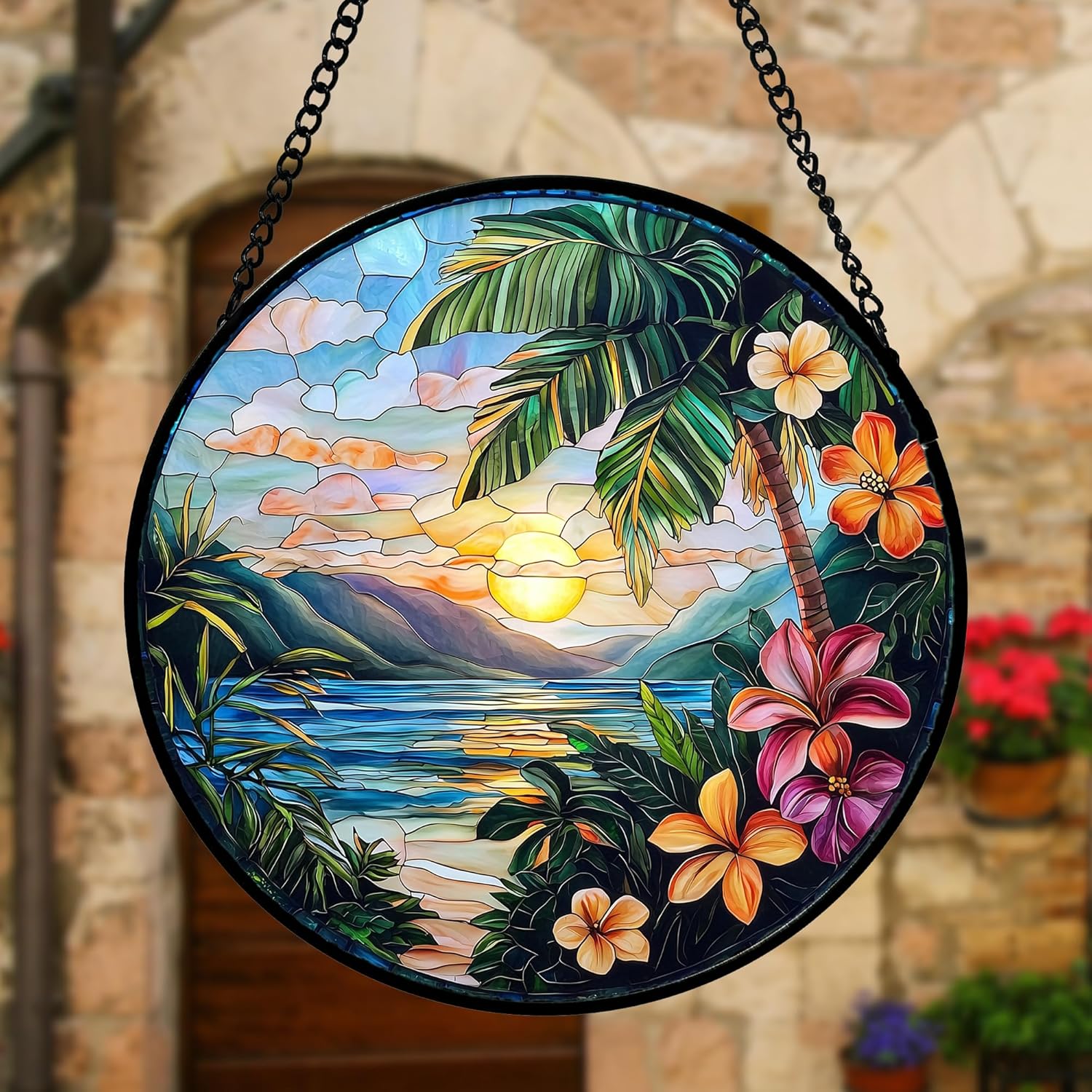 Stained Glass Window Hanging, Colorful Landscape Suncatcher for Doors Home Sun Catchers Decoration and Christmas, Mother's Day Birthday Gifts for Women, Men, and Mom 7.8 in