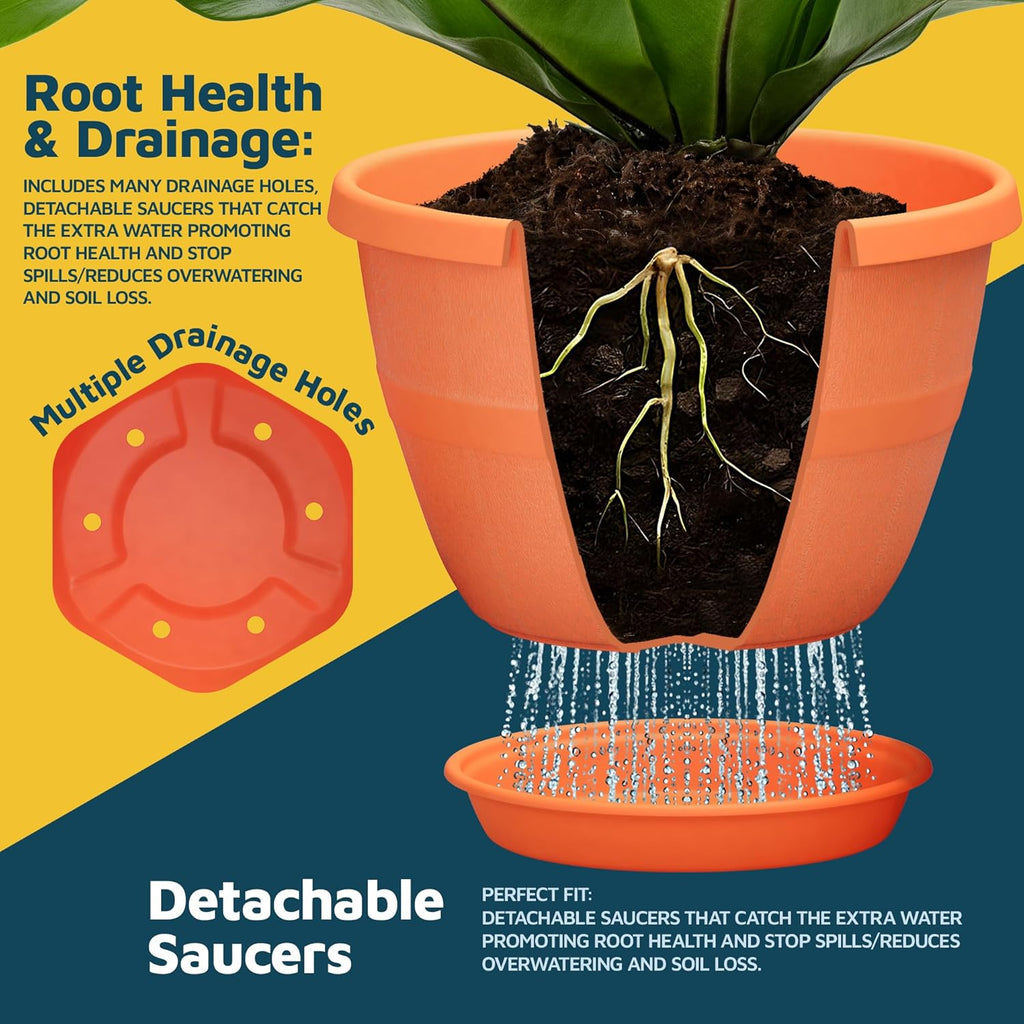 10-Inch Whiskey Barrel Planters Outdoor Pack of 10 - Durable Plastic Plant Pots for Indoor & Outdoor Use with Drainage & Saucer, Lightweight Rustic Barrel Planters for Flowers, Herbs & Small Plants