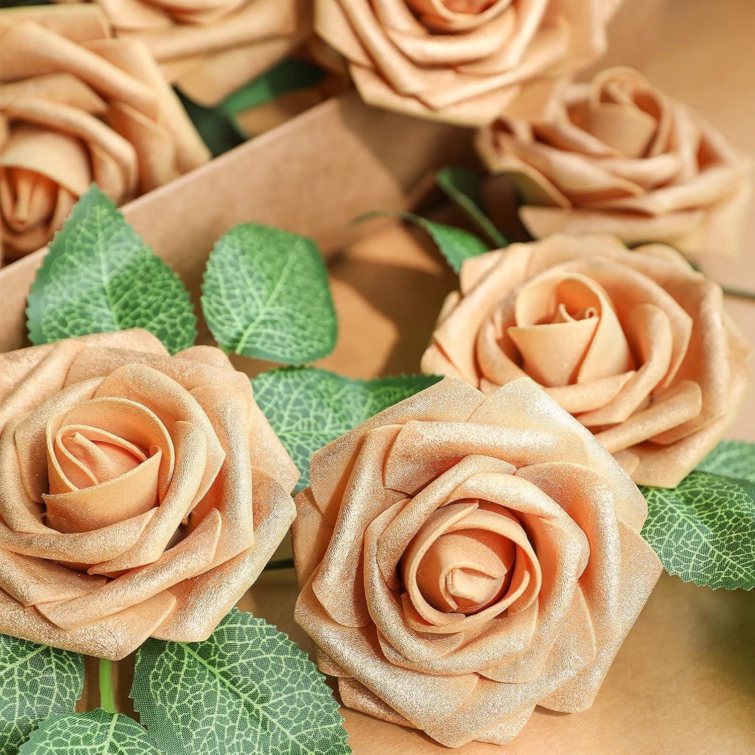 AmyHomie Artificial Flower Gold Rose 25pcs Real Looking Fake Roses w/Stem for DIY Wedding Bouquets Centerpieces Arrangements Party Baby Shower Home Decorations