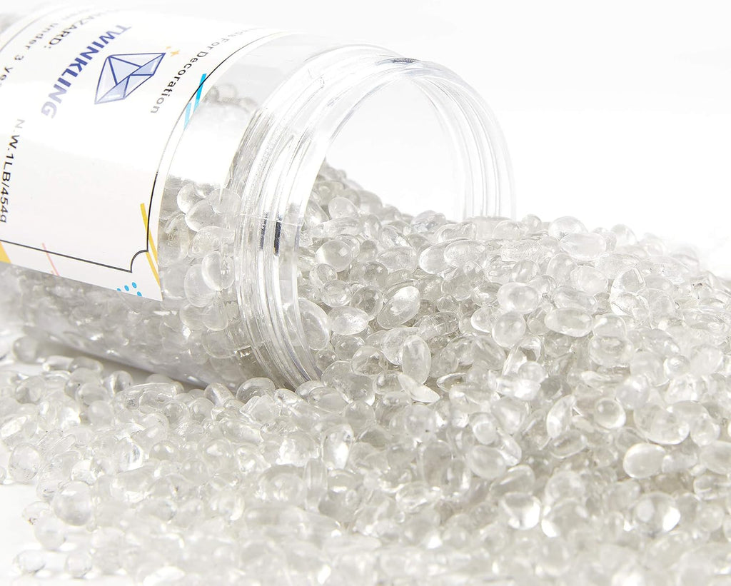 TWINKLING High Luster Round Fire Glass Stones,Glass Marbles Pebbles,Glass Beads Gems for Fire Pit Vase Fillers Crafts Aquarium Garden Decoration,3-6mm,1-Pound Jar (Crystal)