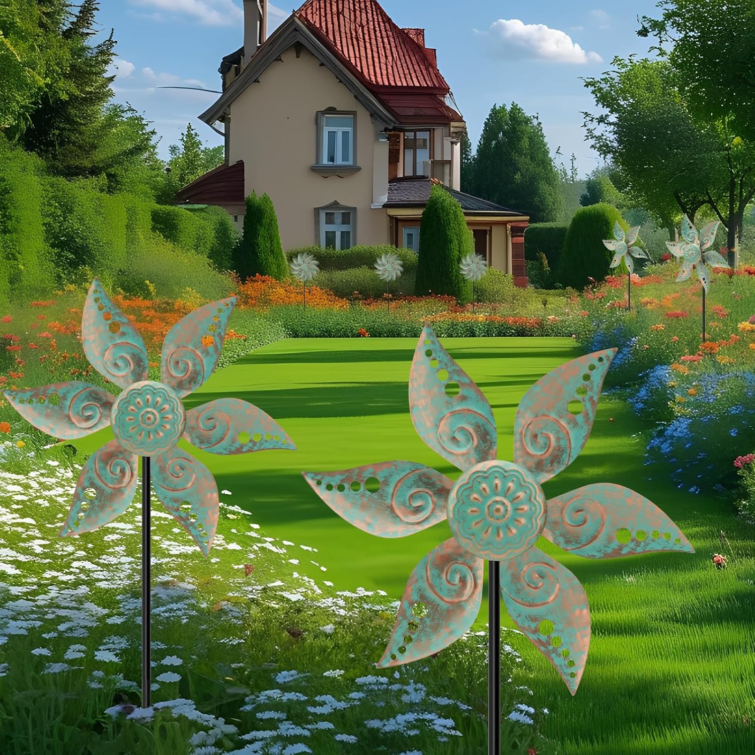 2 Pack Wind Spinners Outdoor Clearance Metal Vintage Green,Wind Sculpture Small Iron Windmill is Decorative Garden Stakes for Patio Lawn Outdoor Yard Lawn Garden Decor
