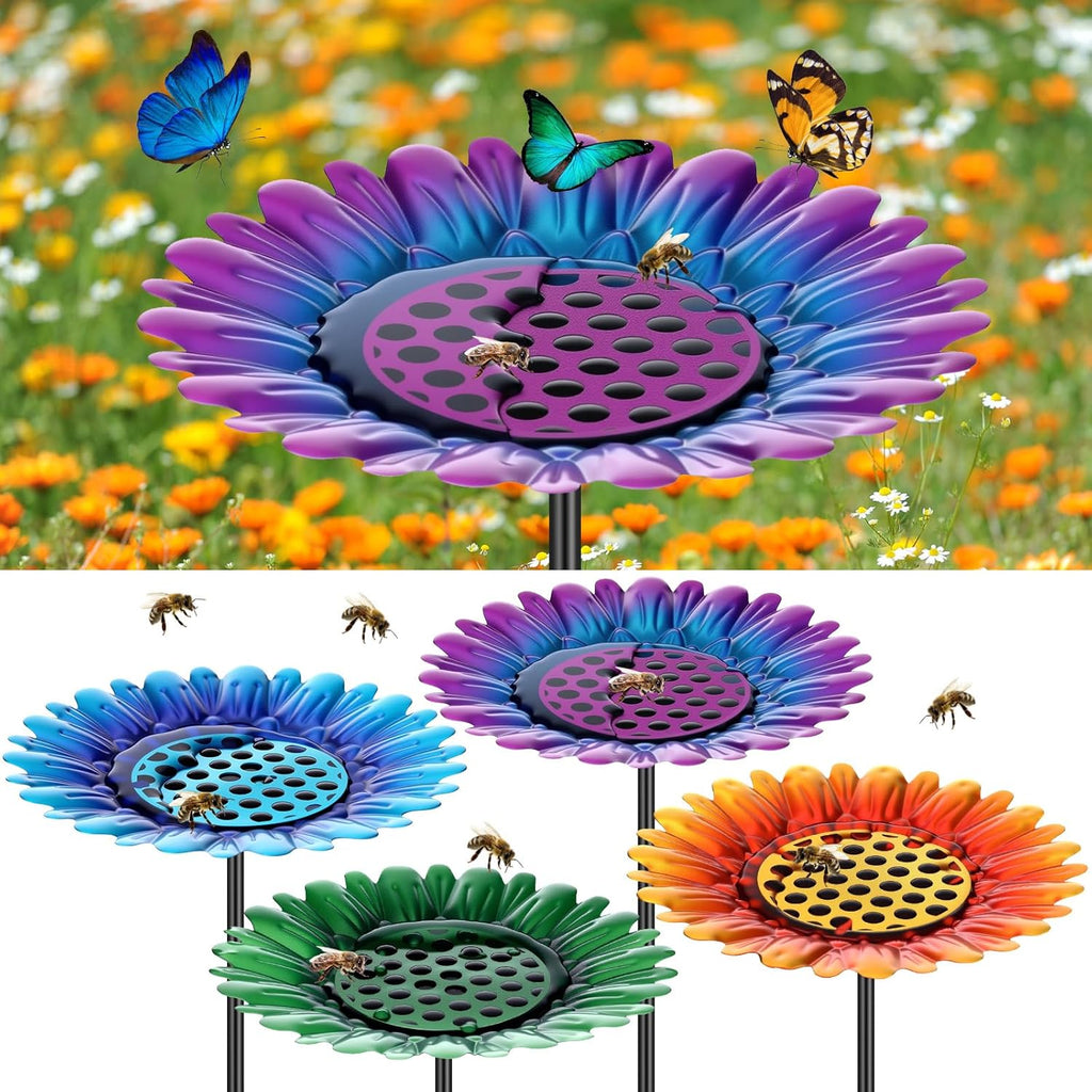 4 Pack Large Bee Watering Station 8.8'' for Bee Garden Anti Drowning Metal Pollinator Water Feeder Flower Butterfly Bath Bowl Colorful Bird Gardening Decoration, Rust Proof