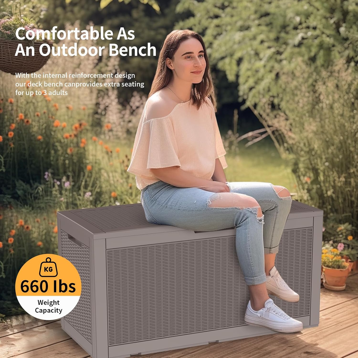 DRATO 100 Gallon Large Deck Box, Outdoor Storage Box for Patio Furniture, Patio Cushions, Gardening Tools, Pool Supplies,660lbs Weight Capacity,Waterproof Resin Storage Boxes