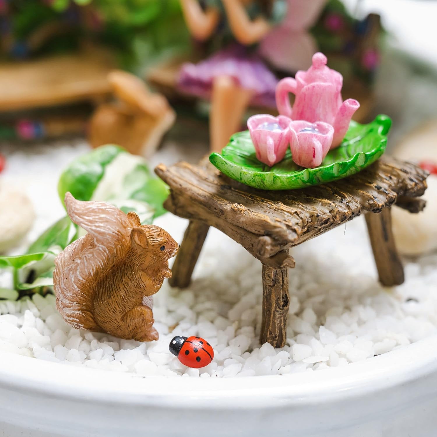 PRETMANNS Fairy Starter Kit with Accessories for Indoor Outdoor Miniature Garden – Adorable Figurine with Furniture, Squirrel, Bunny & Tea Set – 14 Piece Hand-Painted Resin Set