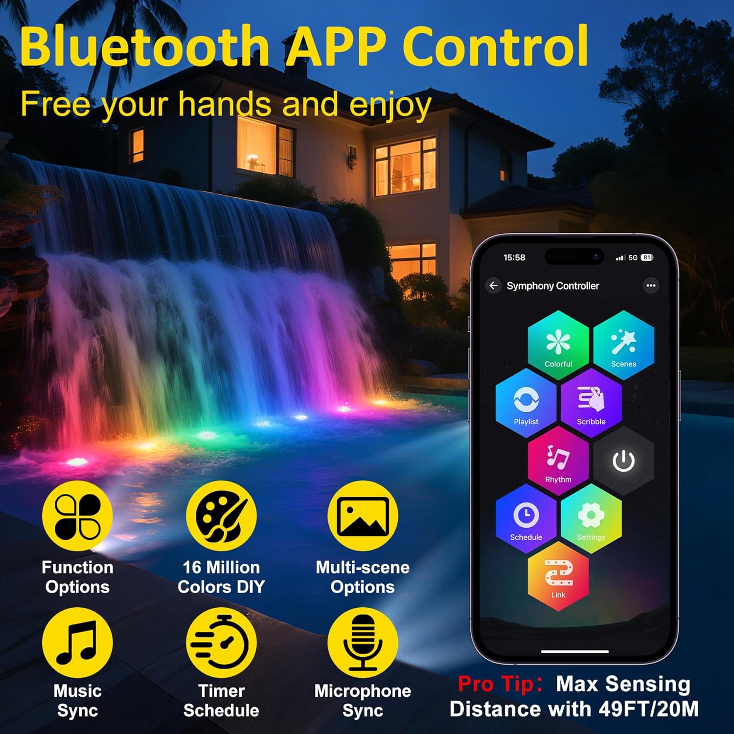 T-SUN Colored Pond Lights with APP and Remote Control – Bright LED Underwater Submersible Fountain Lights, IP68 Waterproof Landscape Spotlight for Garden Koi Pond Aquarium Fish Tank (Set of 6)