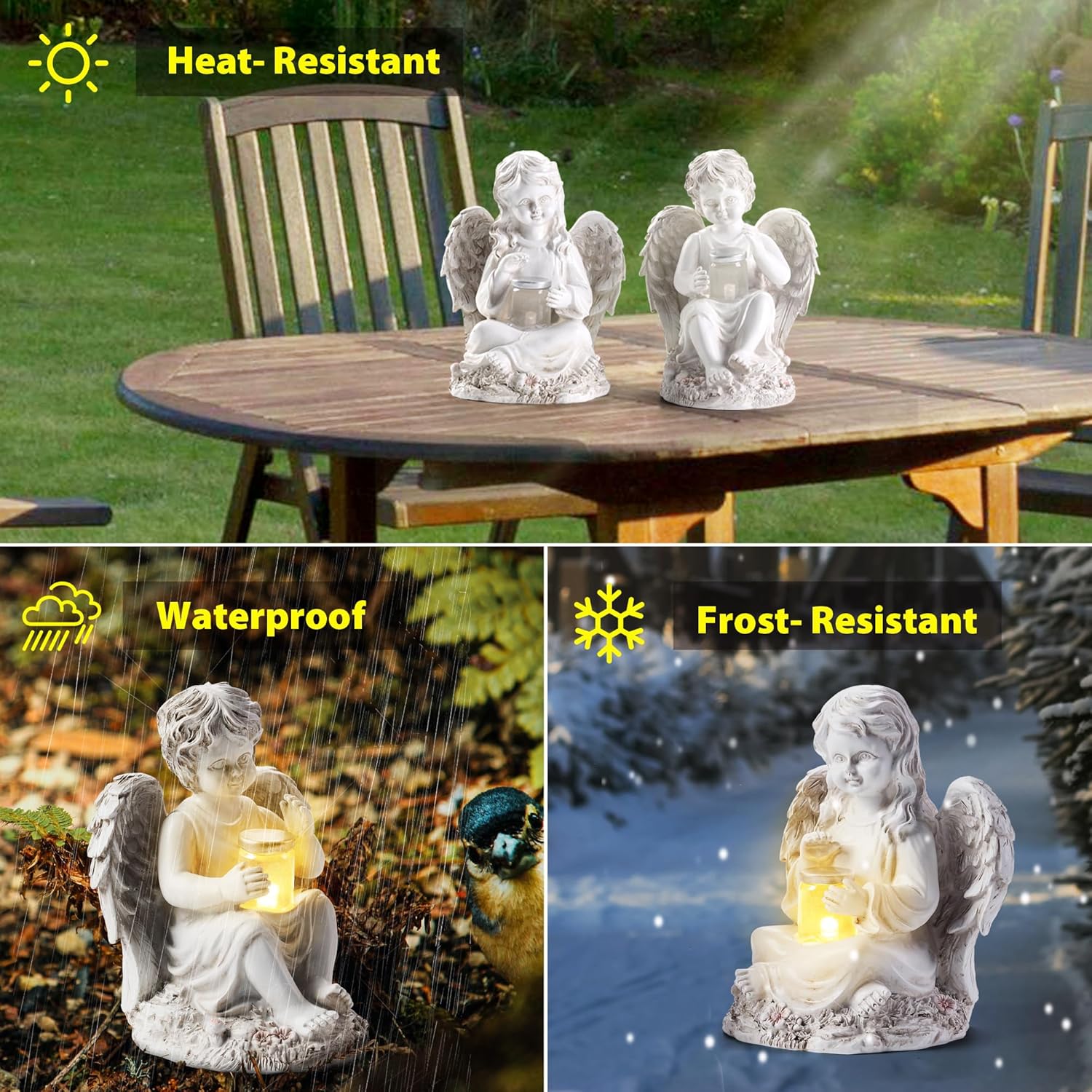 2 Pack Outdoor Angel Statue Garden Decor, Classic Solar Angel Figurine Decoration for Yard Art Indoor Porch Home Lawn Outside Light up Cherub Sculpture Guardian Wings Memorial Gifts