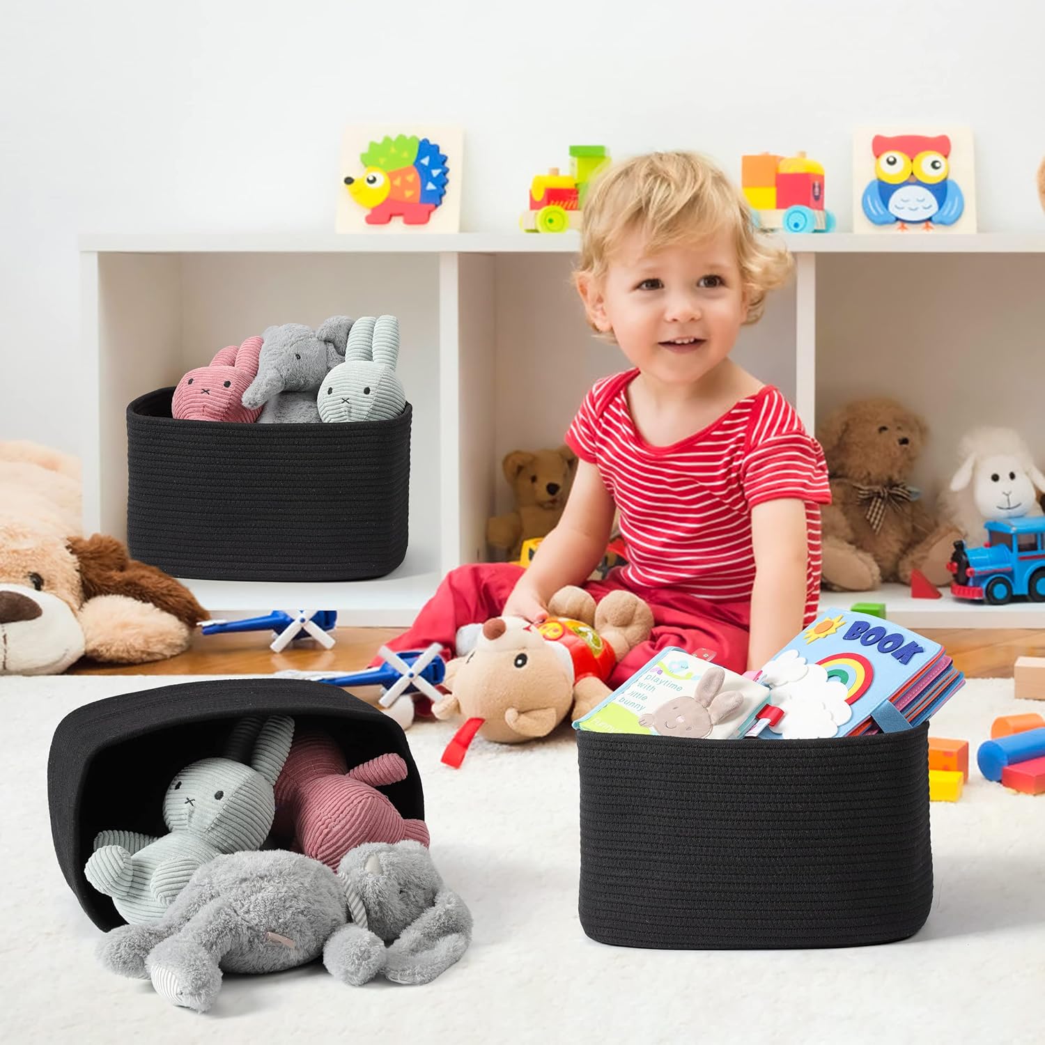 Cotton Rope storage Basket Bins 14.5X9.5X9.3“ Woven Basket for Organizing Shelves Rectangle Decorative Baskets For storage Clothes Toys Books Towels Square Wicker Nursery basket organizer 3 pack black