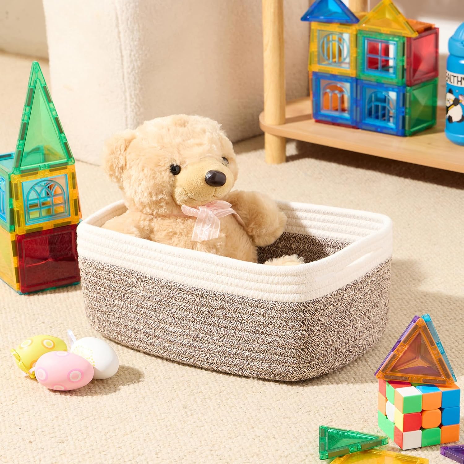 Small Storage Baskets for Organizing | Closet Organizer Bins | Shelf Toy Basket | Woven Rope Baskets | Cube Decorative Box | Shallow Basket | 13x8.5x5.1” | 3 Packs White Brown