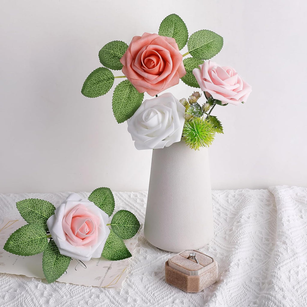 AmyHomie 25pcs Real Looking Artificial Shades of Blush Roses w/Stem for DIY Wedding Bouquets Centerpieces Arrangements Party Baby Shower Home Decorations