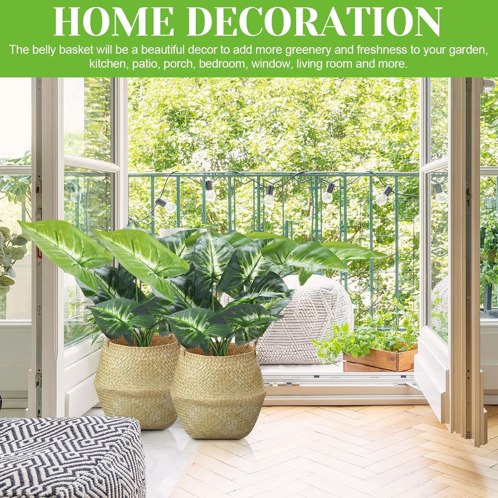 Qunclay 4 Pcs Woven Seagrass Baskets Belly Basket Folding Boho Natural Plant Pot with Handles Round Decorative Wicker Large Indoor Planter for Home Outdoor Tree Planters Decor (13.78 x 12.2 Inch)