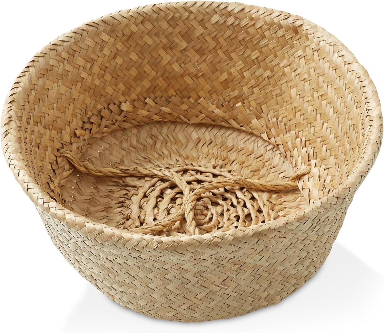 Casafield Seagrass Belly Storage Basket Planter with Handles - Large, Natural Woven Wicker Indoor Plant Pot Cover for Plants and Trees