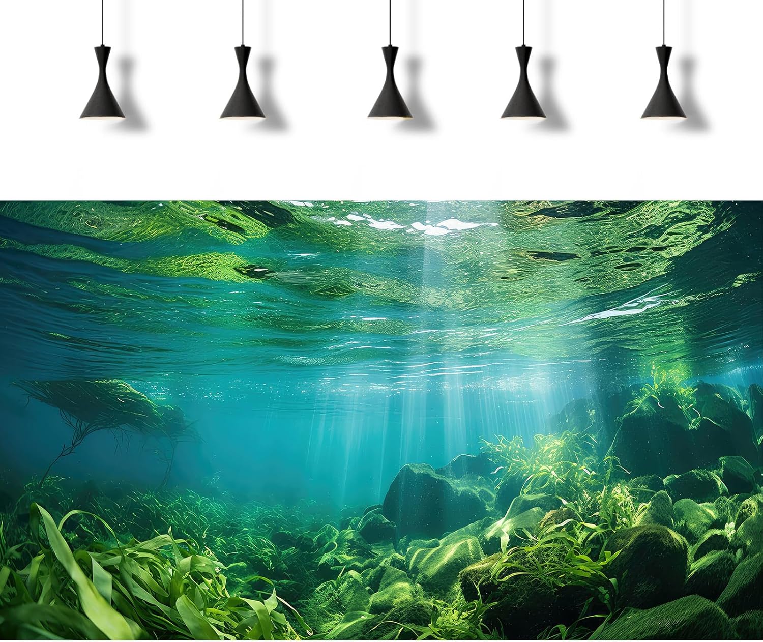 Under The Sea Fish Tank Background Aquatic Plants Deep Sea Aquarium Background Underwater Sunray Rock with Moss Terrarium Backgrounds Deep Ocean Floor Tropical Fish Tank Backgrounds 60x24in