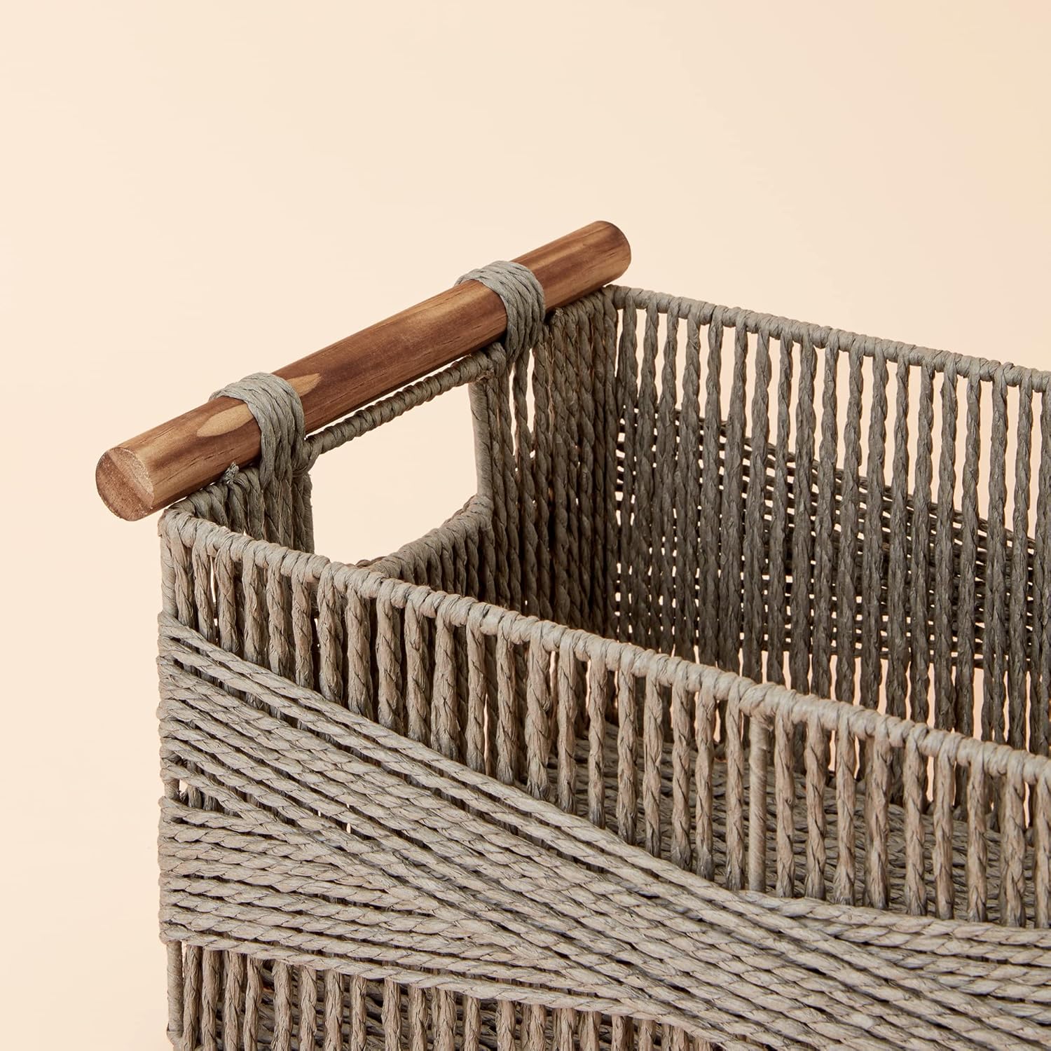 LA JOLIE MUSE Wicker Storage Baskets for Organizing, Recyclable Paper Rope Basket with Wood Handles, Decorative Hand Woven Basket Organizers for Makeup Books Shelves Living Room, Grey, Set of 2