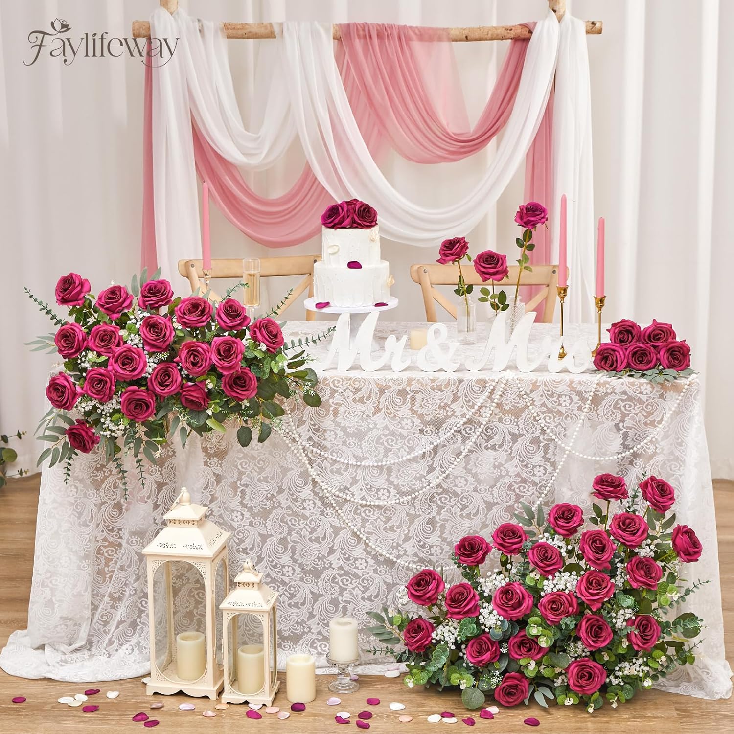 20PCS Artificial Roses Flowers, 3.9'' Silk Flower Head Fake Fuchsia Rose with Long Stems, Realistic Faux Roses Bouquet for DIY Wedding Home Party Office Decoration