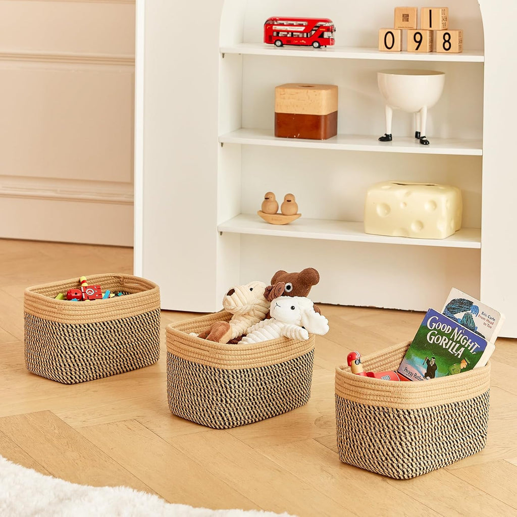 Small Cotton Rope Basket – Storage Bin for Organizing (10.6" x 6.7" x 6.7"), Bathroom Storage Basket for Shelf, Counter & Closet（Camel & Mixed Black）