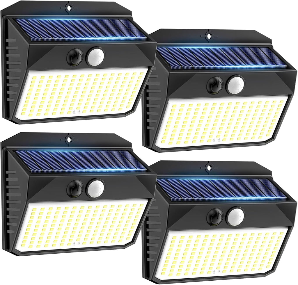 Solar Motion Sensor Fence Lights - Outdoor 4 Pack, 150 LED with 3 Modes, IP65 Waterproof, Solar Powered
