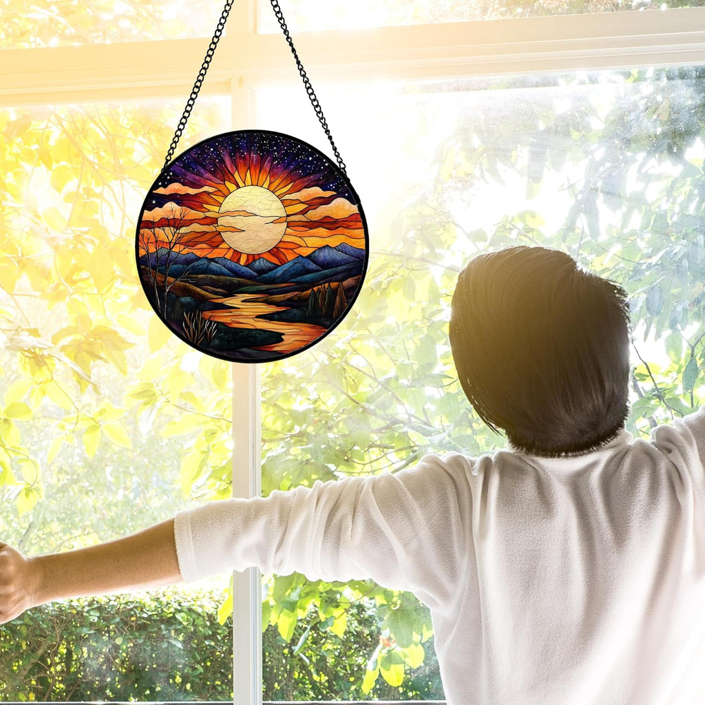 Stained Glass Window Hanging, The Sun Shines Brightly on Lake Sun Catchers Colorful Glass Panel Suncatcher Decor for Birthday for Women, Men, Wife, Lovers, and Mom 6.3 in