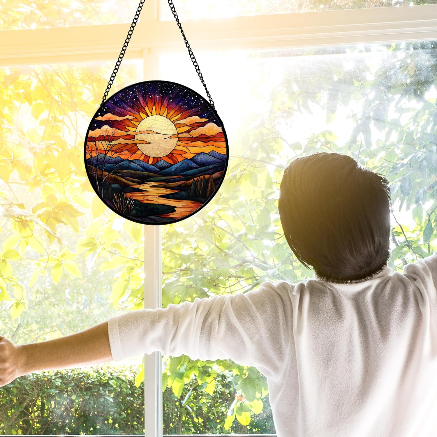 Stained Glass Window Hanging, The Sun Shines Brightly on Lake Sun Catchers Colorful Glass Panel Suncatcher Decor for Birthday for Women, Men, Wife, Lovers, and Mom 6.3 in