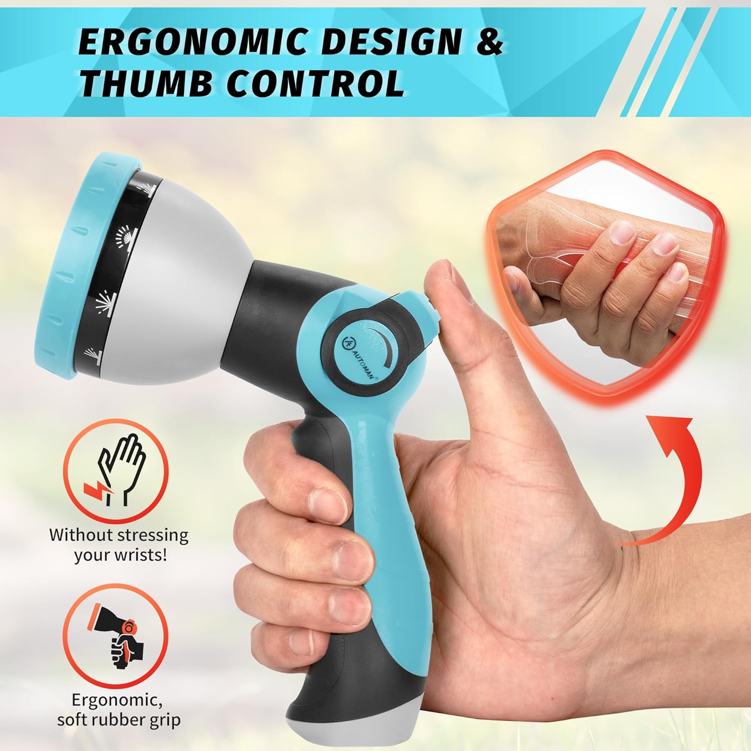 AUTOMAN Garden Hose Nozzle Sprayer - 10 Spray Patterns, High Pressure, Thumb Control On Off Valve, Metal Duty Water Nozzle, Extra 3 Washers, for Watering Garden, Cleaning, Washing Car, Showering Pets