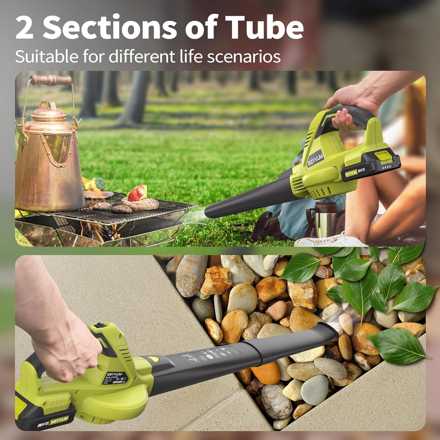 SEYVUM Leaf Blower, 20V Cordless Blower with 2 x 2.0Ah Battery, Electric Leaf Blowers for Lawn Care, 320 CFM 150 MPH Battery Powered Leaf Blower, for Patio, Garden Cleaning, Fast Charger