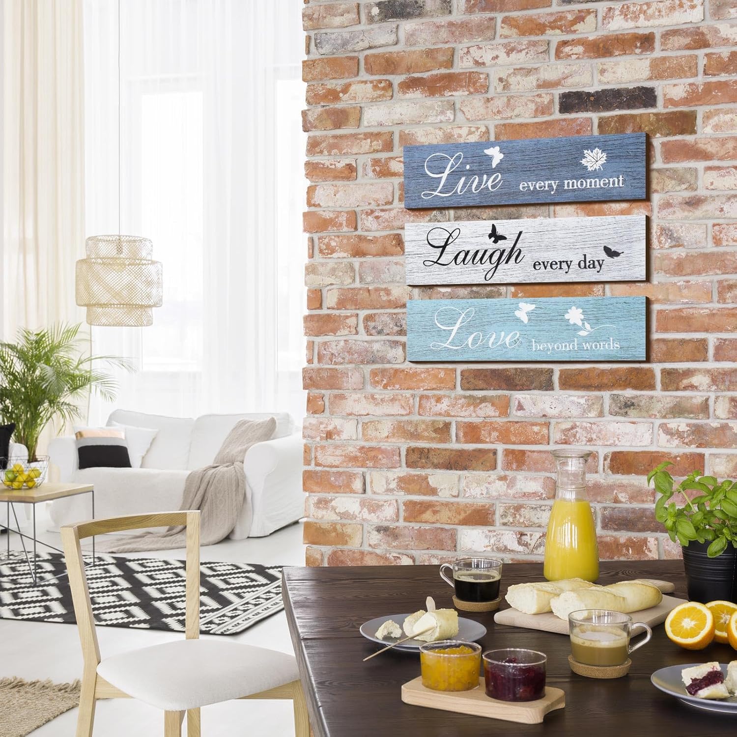 Jetec 3 Pieces Rustic Wood Sign Wall Decor Live Love Blessed Family and Love Quote Sign Farmhouse Wall Mount Decoration for Home Kitchen Living Room, 12 x 3 x 0.2 Inch(Blue Series,Classic)