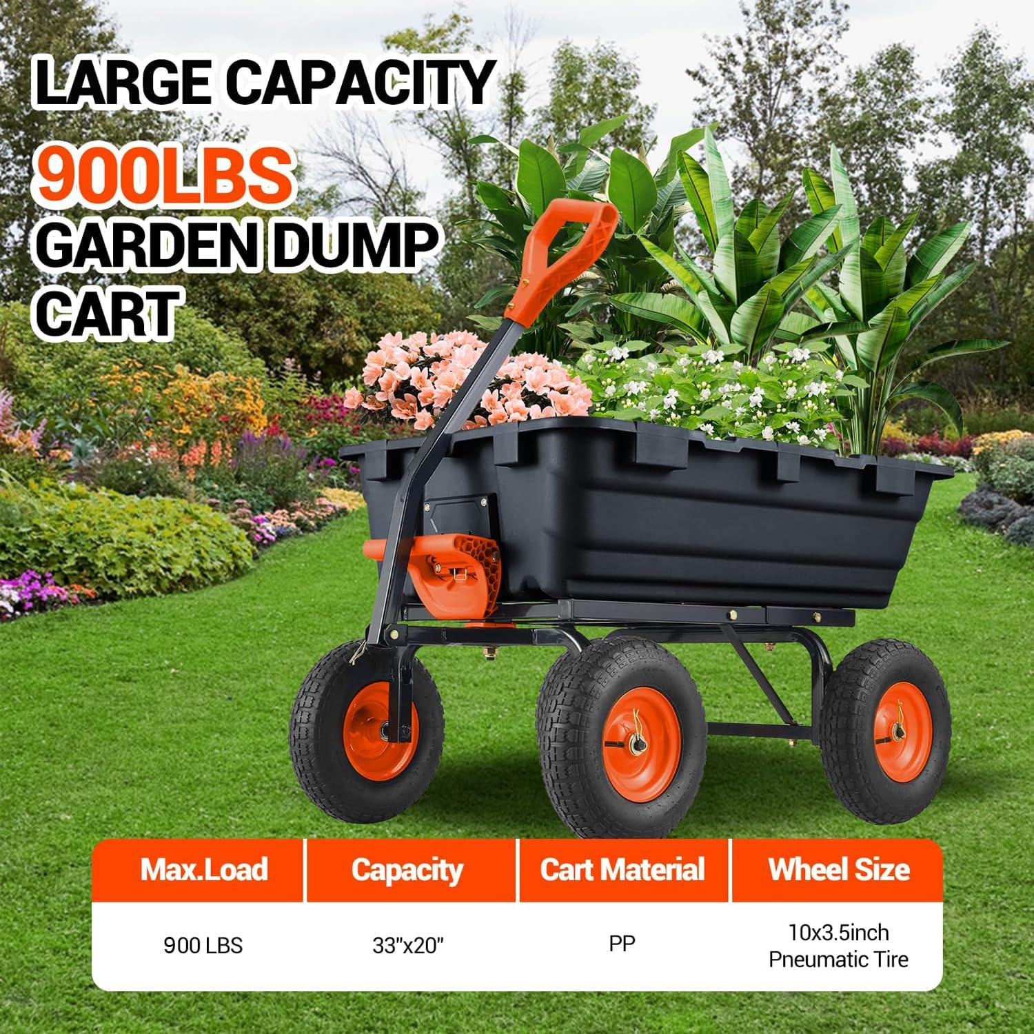 900 Lbs Poly Garden Dump Cart, Heavy-Duty Wheelbarrow with 10-Inch Tires, 180° Rotating Handle, Steel Frame and Quick Release System Garden Dump Cart for Soil Plants Gardening Tools Wood
