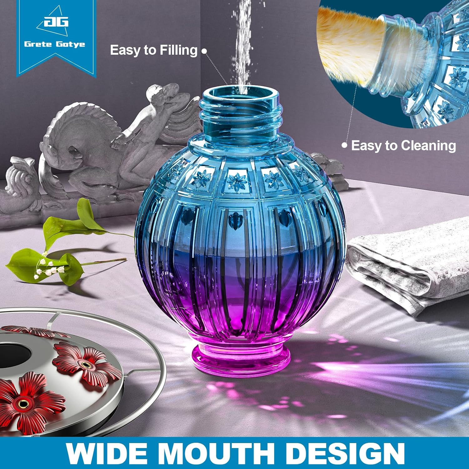 Glass Hummingbird Feeder for Outdoors Hanging, 26Oz Bird Nectar Feeder with Perch & 5 Flower Feeding Ports, Leak Proof for Outside Garden Decor Backyard, Gifts for Women Mom, Purple Blue