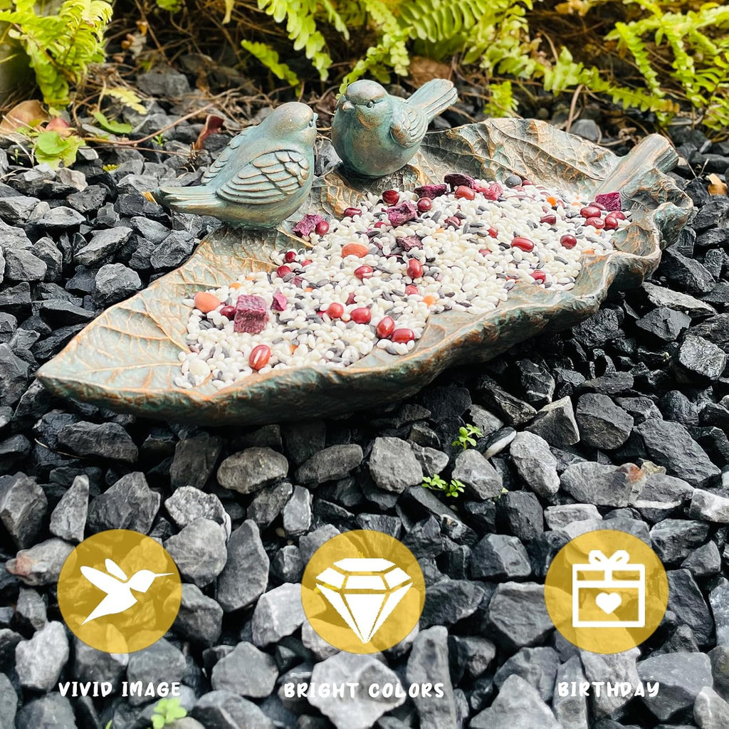 Outdoor Garden Bird Bath Sculpture, Polyresin on Leaf Bird Feeder, Garden Patio Deck Ground Gifts for The Family