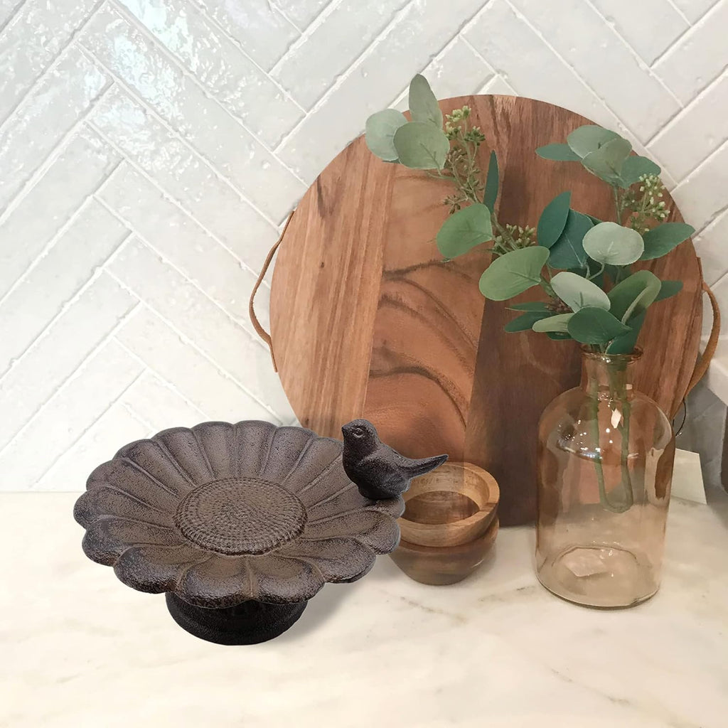 Comfy Hour Spring is Here Collection 7" Cast Iron Birdfeeder Birdbath Outdoor Garden, Brown