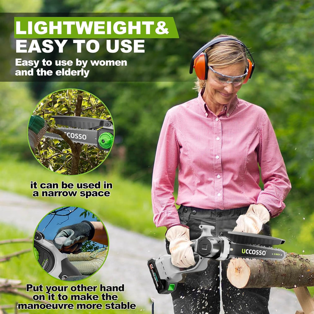 6Inch Mini Chainsaw Cordless - Electric Chainsaw with Strong Motor & 2×2.0Ah Battery, 2 Chains Included for Tree Trimming, Branches Cutting, Lightweight Handheld Chain saw for Garden/Yard Maintenance
