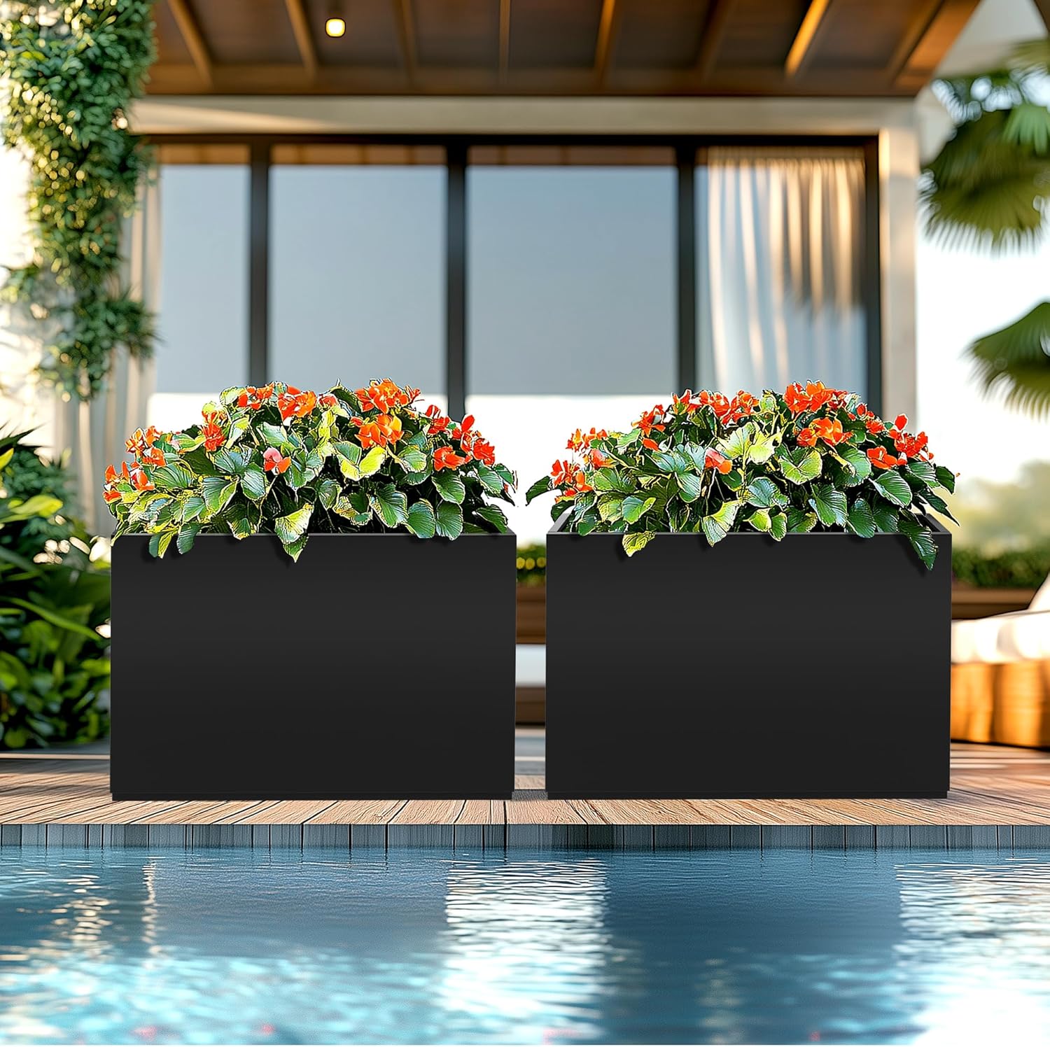 Rectangle Planter for Indoor & Outdoor, Tall and Long Planter Boxes with Drainage Holes, Mental Divider Planter Box All-Weather Use for Plants, Flowers, 35" L x 9" W x 26" H, Black