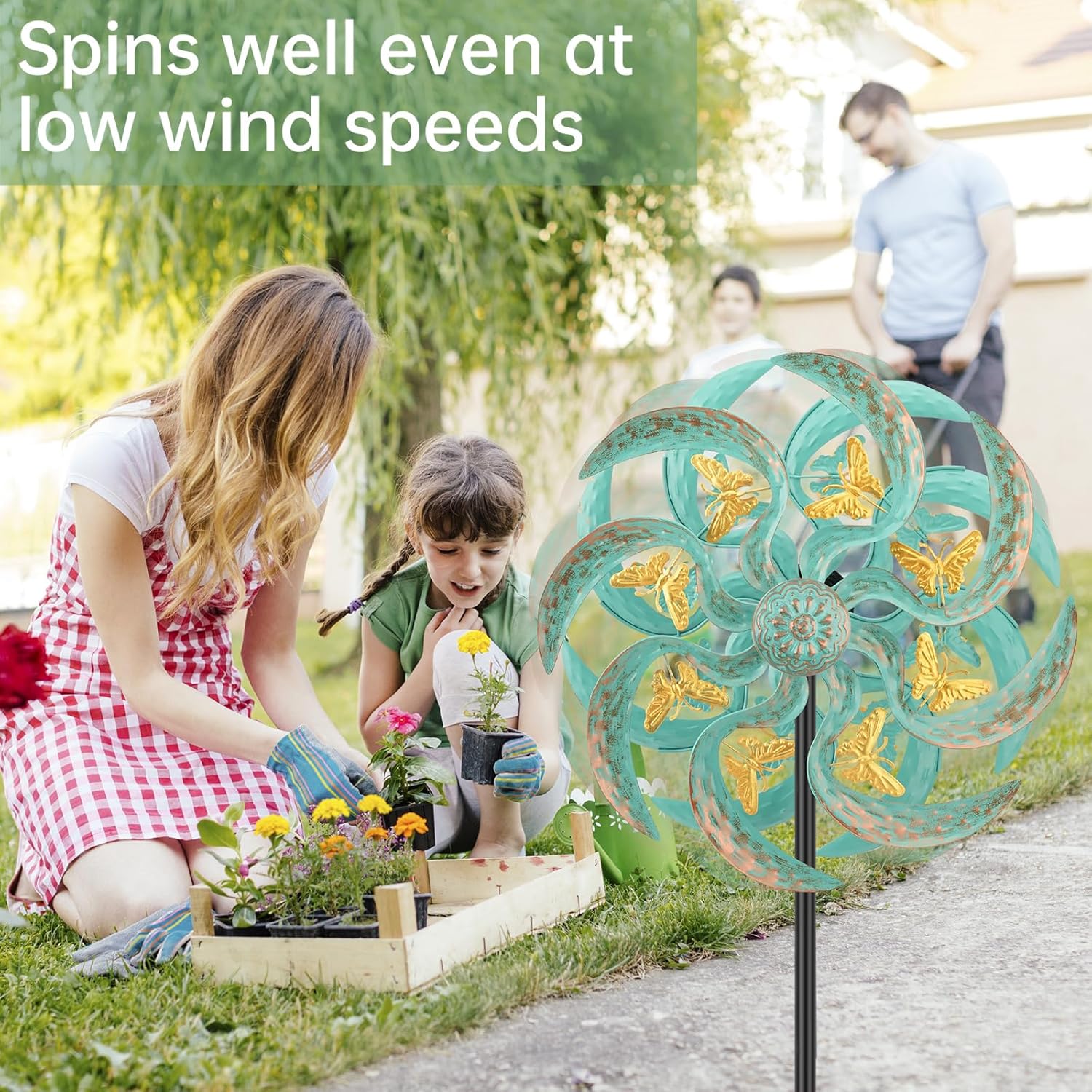 Metal Wind Spinner Outdoor, Golden Butterfly Kinetic Wind Sculpture Spinners with Metal Stake, Yard Art Decor for Patio, Lawn & Garden, Creative Gifts 57.5 * 13.4 Inch