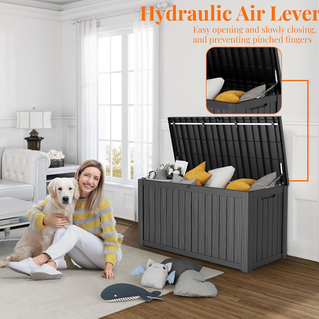 150 Gallon Deck Box,Resin Outdoor Storage Box with Lockable for Patio Furniture, Pool Accessories, Garden Tools Waterproof Outside Storage Box, Black