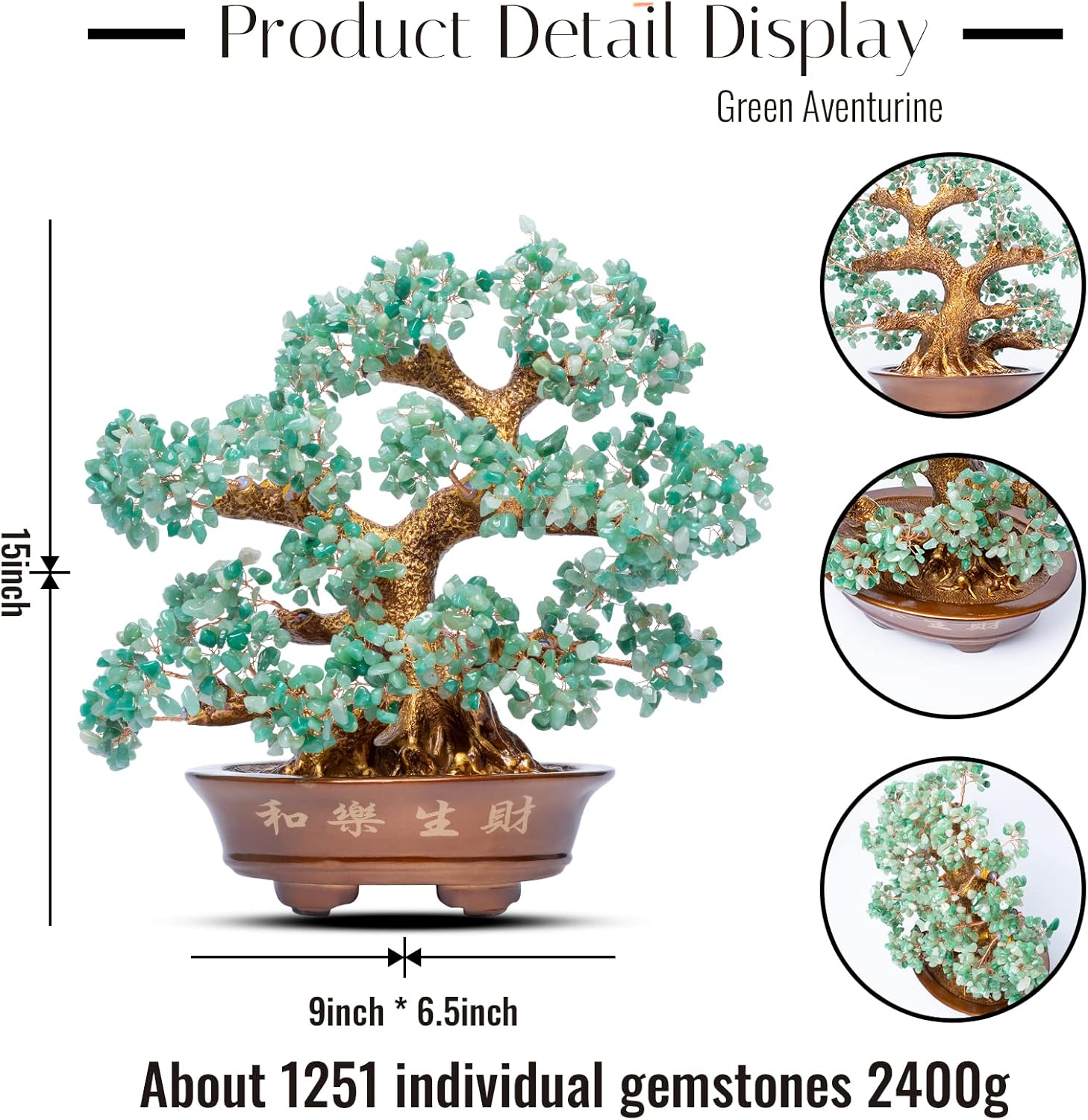 Natural Aventurine (1,251 Gemstone Count) Chakra Crystal Tree with Healing Properties - Home & Office Bonsai Feng Shui Money Tree Decoration for Luck, Success and Intelligence - 14"